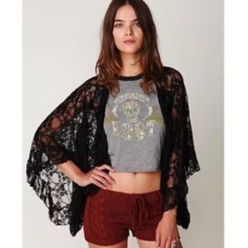 Intimately Free People Black Lace Kimono Shawl